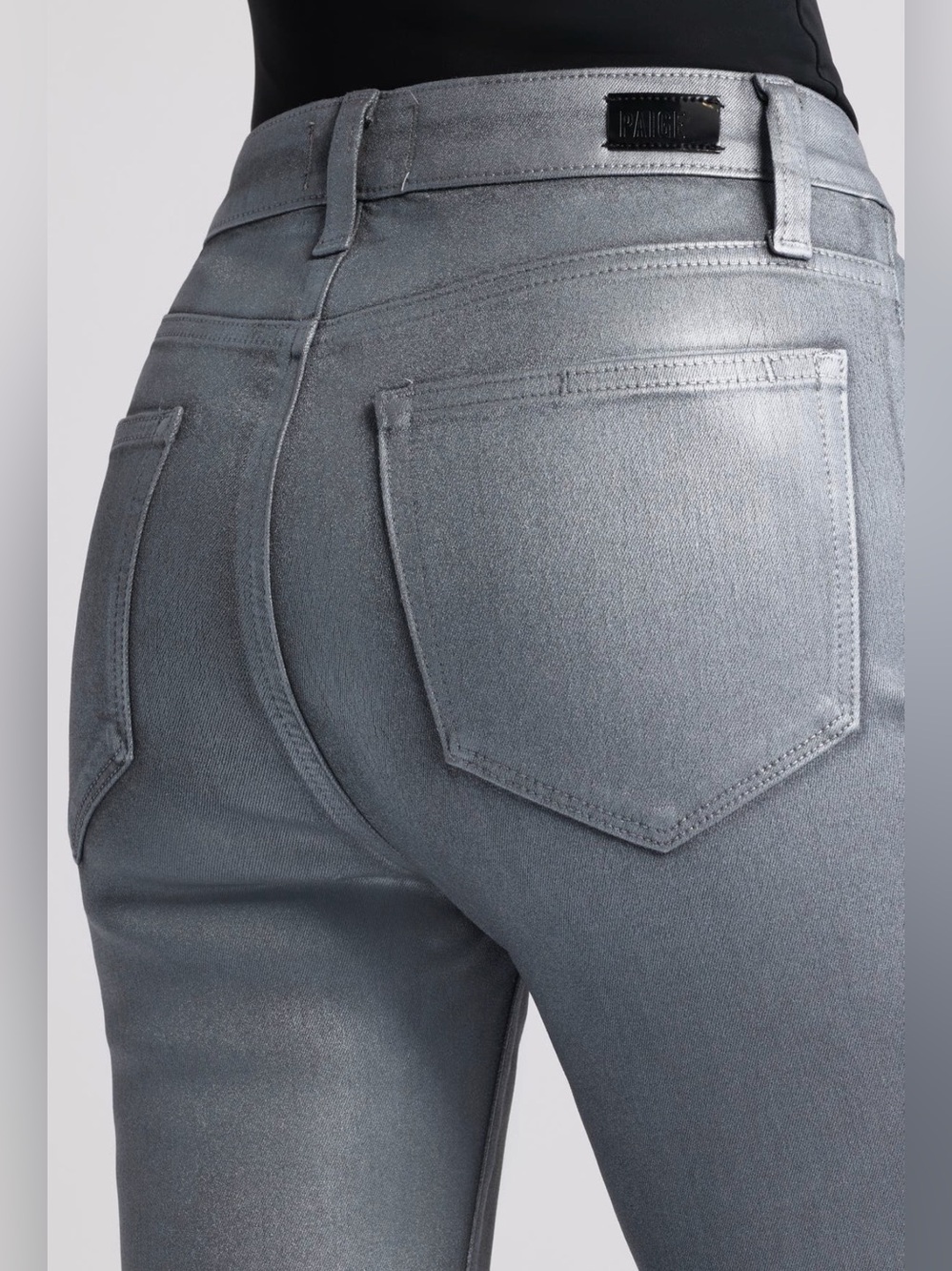 NWT PAIGE Claudine Silver Shimmer Metallic Coated High Rise Flare Jeans - Picture 5 of 17